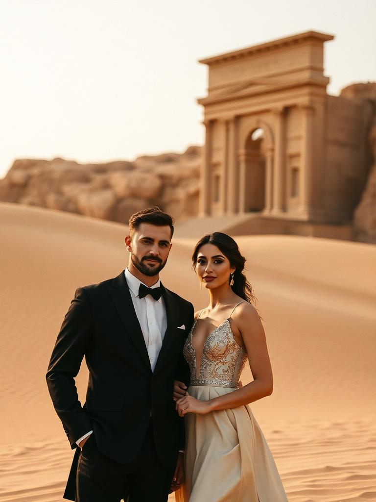 A couple before desert dunes and ancient stone in Egypt