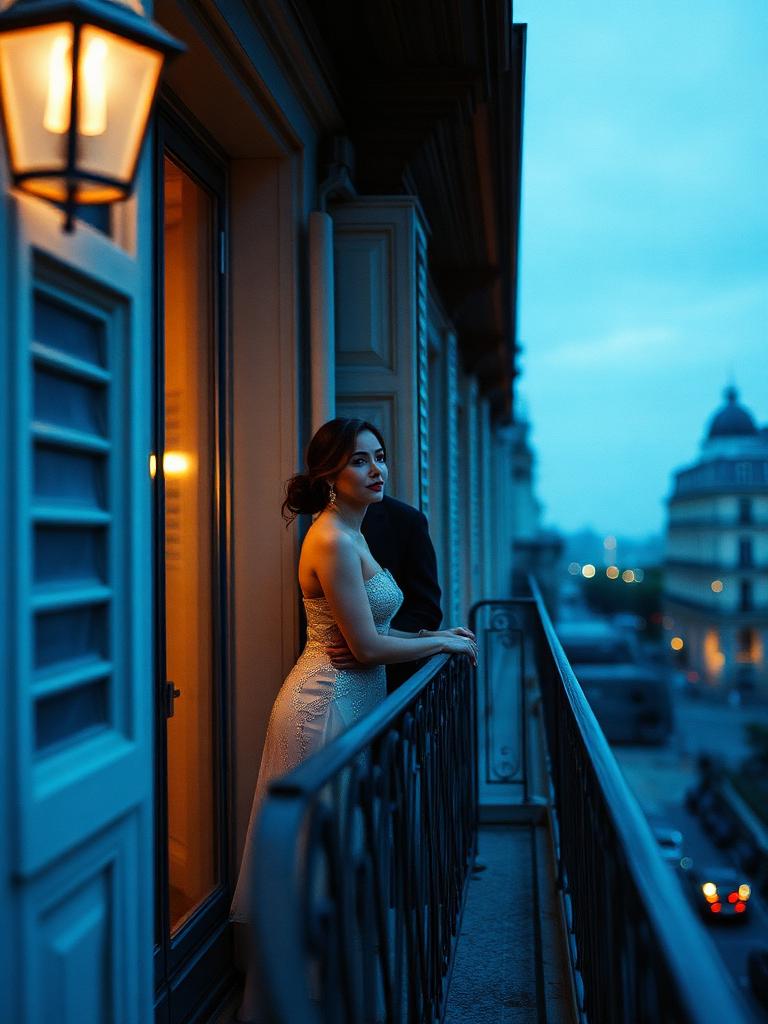 A couple on a Parisian balcony at blue hour