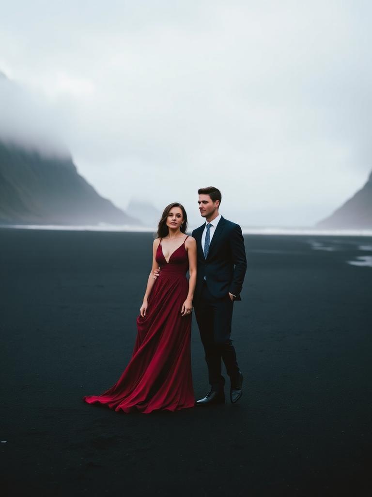 A couple on a black sand beach beneath misty Icelandic cliffs