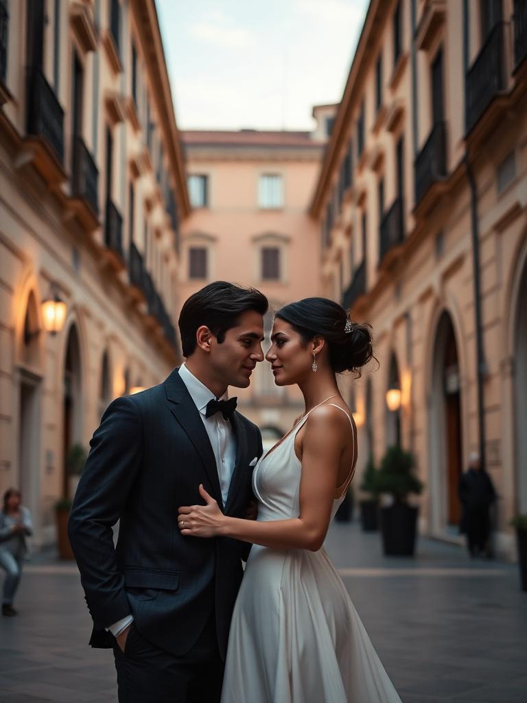A couple in a quiet Italian piazza at dawn