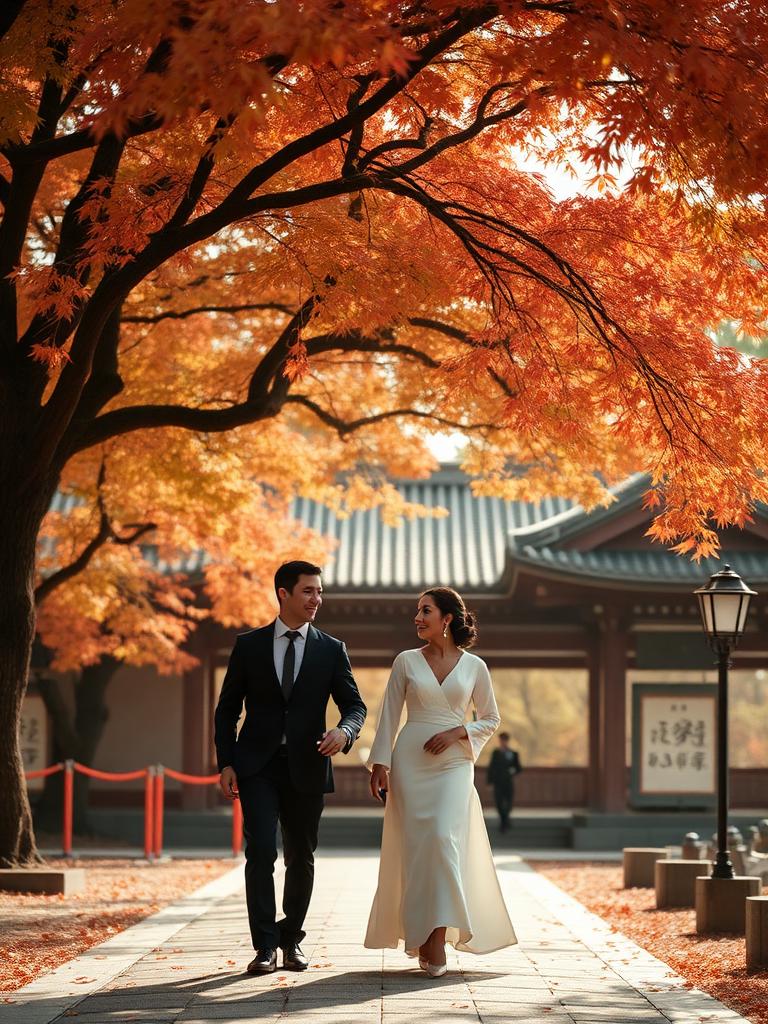 A couple walking beneath autumn maples at a Kyoto temple