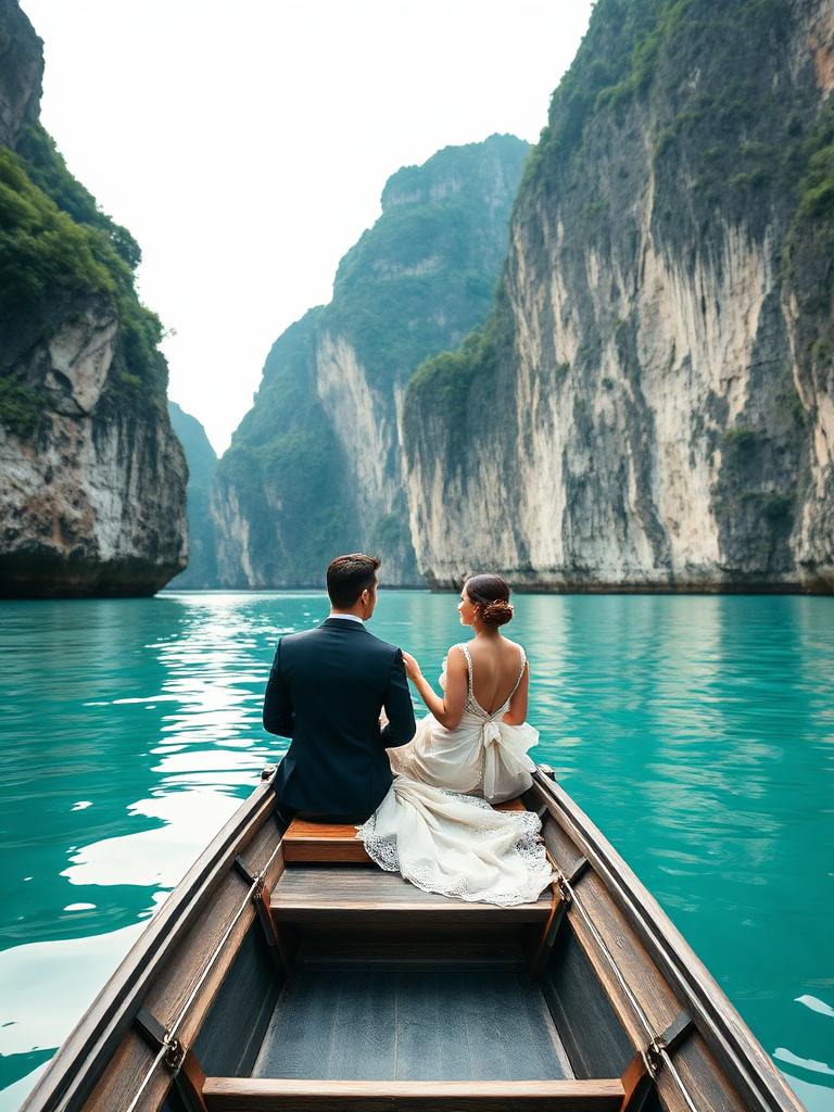 A couple on a longtail boat between limestone cliffs in Thailand